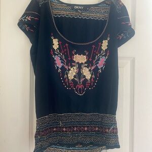 DKNY Black Scoop Neck Top with Multicolor Floral Embroidery